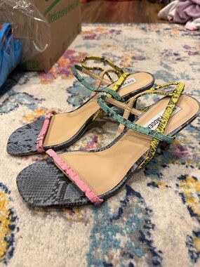 Steve Madden Meline Multicolor Snake-Print Strappy Kitten Heels